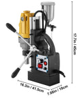 Badass 1100W Magnetic Drill Press 40mm Core Drilling Machine showing controls and copper motor, portable bench rig dimensions 17.7in x 7.08in.