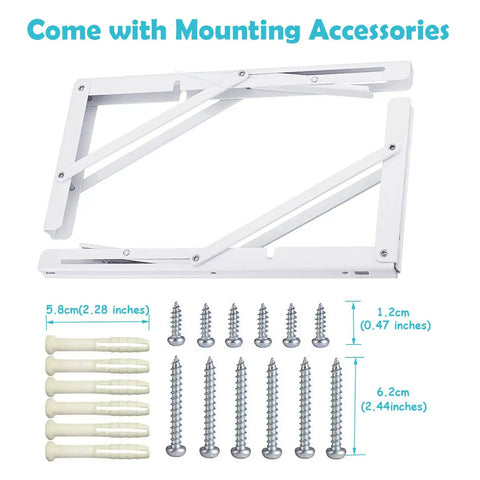 Beefy Heavy Duty Folding Shelf Brackets 440 Lb Max Load, white wall-mounted steel design with screws and anchors