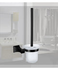 Tough Chrome Wall Mounted Toilet Brush Holder With Slick Glass Cup For Bath Organization Hardcore Black Look installed in bathroom.
