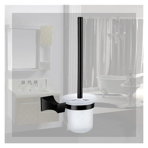Tough Chrome Wall Mounted Toilet Brush Holder With Slick Glass Cup For Bath Organization Hardcore Black Look installed in bathroom.