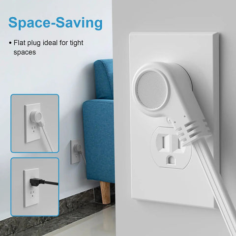 Flat Plug Extension Cord 8 Foot 2 Pack With 3 Prong Grounded Indoor Power Cable in wall socket, behind sofa for narrow spaces.