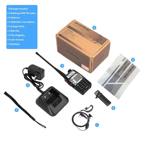 Upgraded 8W Handheld Ham Radio UV-5R 2nd Gen Two-Pack with accessories including charger, antennas, and manual