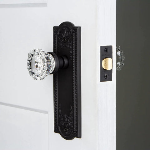 Meadows Plate And Crystal Door Knob Set for vintage and modern doors with fluted glass knob on decorative black back plate