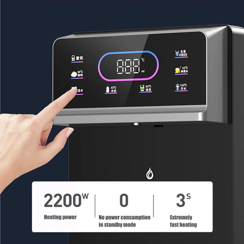 Close-up of Instant Wall Mounted Water Dispenser with Six Temperature Levels and Five Volume Settings, touchscreen controls shown.