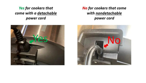 Image showing suitable detachable and unsuitable nondetachable options for Replacement Power Cord For 6 Quart Express Crock Multicooker SCCPPC600 V1 Not All Models UL Listed 2 Prong 2 Pin 3 Feet Long Durable Replacement Cable For Home Kitchen Use