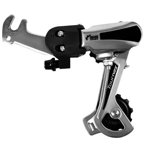 Rear view of 6/7 Speed Derailleur Hanger Mount for Mountain Tricycle Commuter and Cruiser Bikes in silver aluminum alloy
