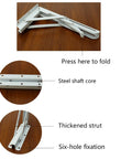 Rock Solid Folding Shelf Brackets Slick 304 Stainless Steel Floating Shelves Corner Supports with foldable design and steel shaft core.