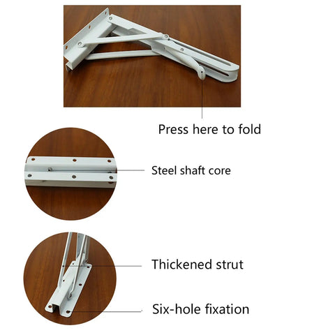 Rock Solid Folding Shelf Brackets Slick 304 Stainless Steel Floating Shelves Corner Supports with foldable design and steel shaft core.