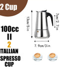 2 Cup Stovetop Espresso Maker Stainless Steel Moka Pot For Home Or Camp Easy Brew Induction Ready Brews Rich Espresso In About 5 Minutes With Bold Aroma And Classic Italian Style, 2-cup capacity with measurements.