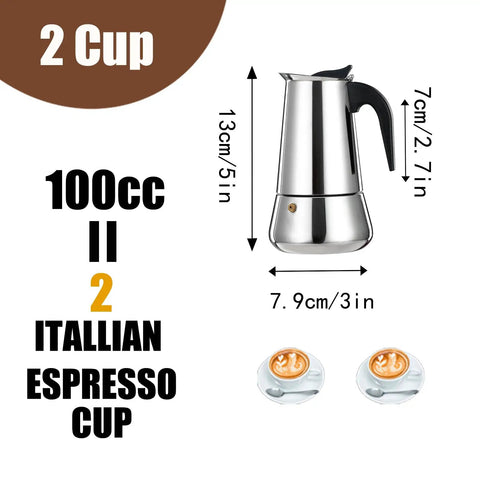 2 Cup Stovetop Espresso Maker Stainless Steel Moka Pot For Home Or Camp Easy Brew Induction Ready Brews Rich Espresso In About 5 Minutes With Bold Aroma And Classic Italian Style, 2-cup capacity with measurements.