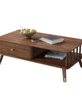Top Shelf Retro Coffee Table For Living Room With Spacious Lower Shelf And Smooth Drawer Slides Mid Century Modern Wood Cocktail Table Featuring Rustic Brown Finish And Completely No Sweat Setup with fruit bowl and books
