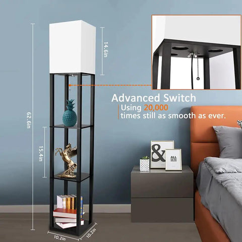 Floor Lamp With Shelves Modern Standing Shelf Light With 3 CCT LED Bulbs Built In Storage Shelves For Living Room Bedroom And Office Black Finish Sturdy No Tip Base