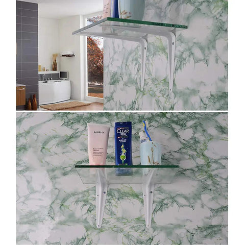 Heavy Duty L Shaped Shelf Brackets Set Of Four Built Like A Tank Rock Solid Metal Corner Supports For Wall Mounted Shelving with green marble background.