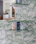 Heavy Duty Wrought Iron Shelf Brackets Four Pack White Metal Corner Supports For Wall Mounted Floating Shelves holding toiletries on glass shelf.