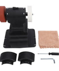 Fafeicy cordless bench grinder parts including polishing discs, base, towel, and tools for sharpening and polishing.