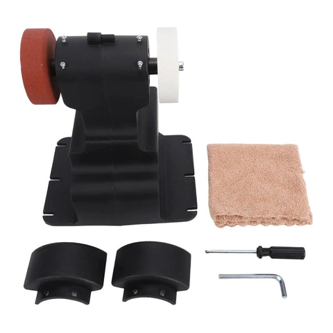 Heavy Duty Cordless Mini Bench Grinder With Permanent Magnet Copper Motor, black compact design with accessories for sharpening tools.
