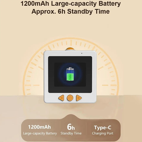 Sweet Smart AI Voice Activated Sticker Printer Portable Inkless Thermal Craft Device With Touchscreen Panel battery specifications display showing 1200mAh capacity and 6h standby time.