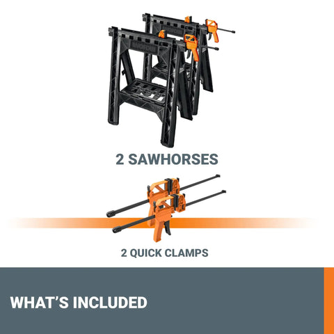 Integrated Bar Clamp Sawhorses For Secure Vertical Or Horizontal Work On Any Jobsite Lightweight At Just 4 Lbs Each Portable And Easy To Tote Built In Custom Clamps For Quick Stable Setups