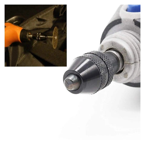 Quick Change Keyless Chuck For Rotary Tools Swaps Bits Instantly, black chuck on rotary tool for secure bit attachment.