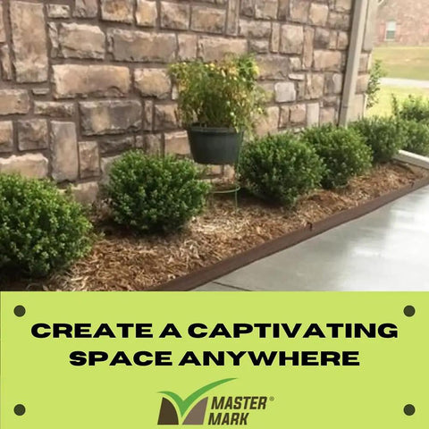 Landscape Fabric Edging And Fencing Brown 3 Inch By 40 Foot in garden with shrubs and mulch by stone wall