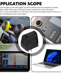 Universal AC To DC Power Converter Adapter with smartphone, GPS, and laptop in use, illustrating versatile device compatibility for road trips.