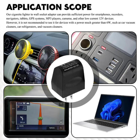 Universal AC To DC Power Converter Adapter with smartphone, GPS, and laptop in use, illustrating versatile device compatibility for road trips.