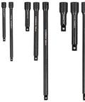 9 Piece Socket Extension Bar Set For 1/4, 3/8, And 1/2 Inch Drives With 2, 4, 6, 3, 6, And 10 Inch Extensions In Chrome Vanadium Steel