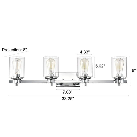 Chrome Farmhouse 4 Light Gooseneck Vanity Light Dope Industrial Style Wall Sconce shown with measurements and clear glass shades