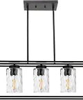 Five Light Black Finish Kitchen Island Pendant Lights With Hammered Glass Shades, Dope Rustic Linear Farmhouse Chandelier For Dining Room