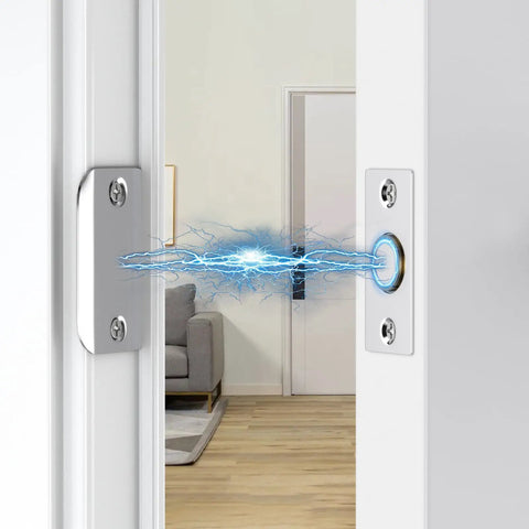 Magnetic Closet Door Catch 2 Pack, Adjustable Ball Latches With Hidden Roller, Silver finish showing electromagnetic connection.