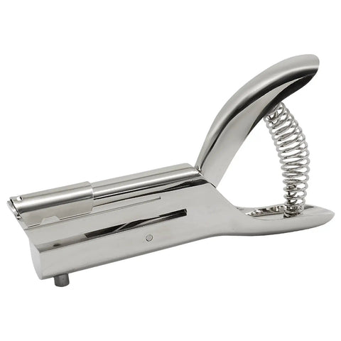 Professional Hardened Steel One Hand Sheet Metal Hole Punch That Easily Shreds Copper Brass Aluminum And Thin Steel Plates With Zero Sweat Heavy Duty Smooth Operator, angled view showing stainless steel construction.