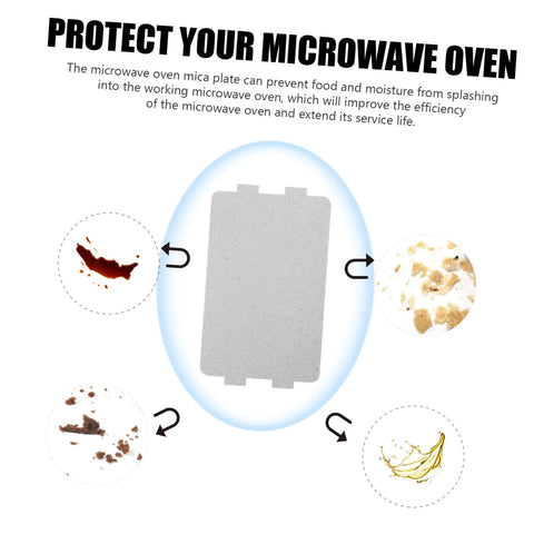 Illustration of Mica Sheets For Microwave Oven Heat Resistant Insulation Plates with food debris examples, protects against splatter.