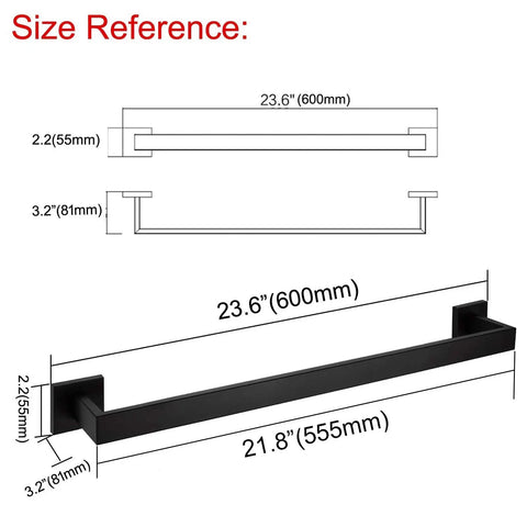 Matte Black Single Towel Bar Wall Mount Rack Made Of Stainless Steel 24 Inch Heavy Duty Towel Holder Size Reference Diagram