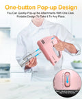 Chef demonstrating pop-up design feature of Hand Mixer Electric With Seven Speeds And Five Stainless Attachments Copper Motor Power