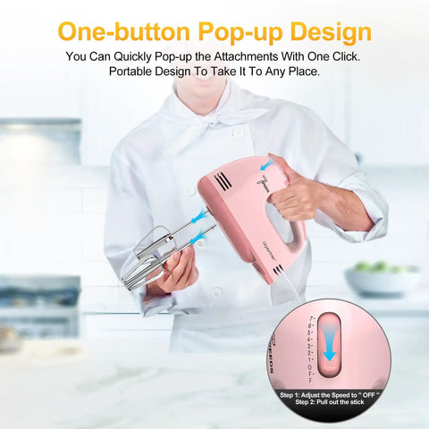 Chef demonstrating pop-up design feature of Hand Mixer Electric With Seven Speeds And Five Stainless Attachments Copper Motor Power
