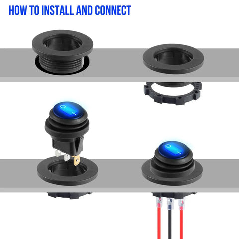Waterproof 12V Toggle Switch Kit 2 Pack With Heavy Duty Blue LED Light installation steps showing components and wiring