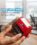 Smooth Operator Sign And Date Self Inking Rubber Stamp With Crisp Red Ink Medium Size being held for office use.