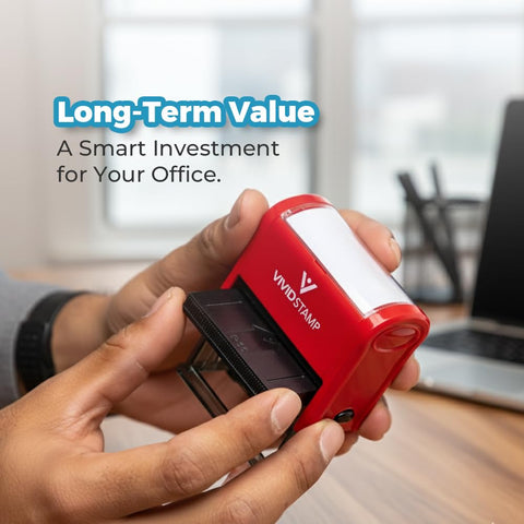 Smooth Operator Sign And Date Self Inking Rubber Stamp With Crisp Red Ink Medium Size being held for office use.