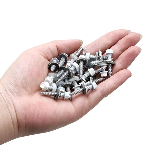 Hand holding White Metal Roofing Screws Kit With 150 Pcs 10x1 Inch Galvanized Hex Head Self Tapping Screws With EPDM Washer