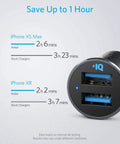 Ultra Compact Aluminum Alloy Dual USB Car Charger With Blue LED 24W Total Power, charging speed comparison for iPhone XS and XR.