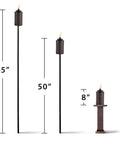 Easy Install Bali Brown 65 Inch Bamboo Wrapped Outdoor Torch Two Pack For Patio Lawn And Backyard Lighting Simple One Step Setup Durable Bamboo Decor For Garden Parties shown in 65-inch full-size, 50-inch mid-size, and 8-inch centerpiece styles.