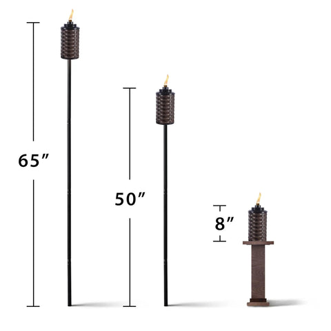 Easy Install Bali Brown 65 Inch Bamboo Wrapped Outdoor Torch Two Pack For Patio Lawn And Backyard Lighting Simple One Step Setup Durable Bamboo Decor For Garden Parties shown in 65-inch full-size, 50-inch mid-size, and 8-inch centerpiece styles.