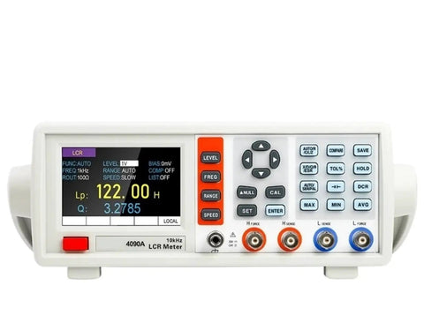 4090B Digital LCR Meter Desktop Tester Measures Capacitance Resistance Inductance Impedance With 3.5 Inch TFT Screen showing measurement readings and controls.