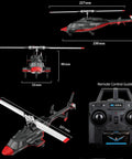 Airwolf A61 RC Helicopter For Adults And Newbies 4 Channel Remote Control Plane With 1 42 Scale 6 Axis Gyro Altitude Hold Optical Flow Position And Dual Batteries Black Red with remote, top and side view