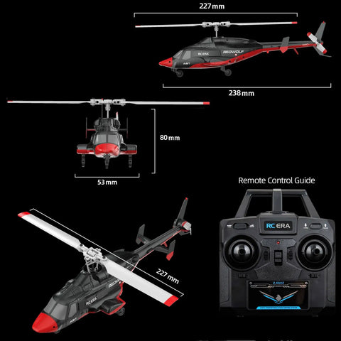 Dimensions and controller of Airwolf A61 4CH RC Helicopter For Adults And Newbies, 1 To 42 Scale, Aileronless, Black White