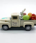 Side view of Metal Truck Decor With Mini Rabbits And Color Eggs Vintage Farmhouse Tabletop Pickup Car Ornament For Spring
