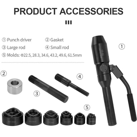 Hydraulic Knockout Hole Punch Driver Set 22.5mm To 61.5mm For Electrical Conduits And Metal Sheets, showing punch driver and accessories.