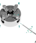 Top Tier Heavy Duty Four Jaw Mini Lathe Chuck Kit featuring zinc alloy construction and self-centering jaws, with quick mount wrench.