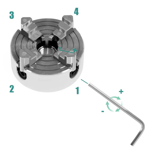 Top Tier Heavy Duty Four Jaw Mini Lathe Chuck Kit featuring zinc alloy construction and self-centering jaws, with quick mount wrench.
