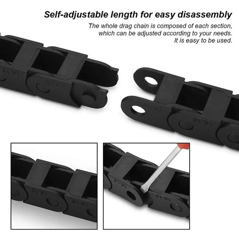 CNC Cable Drag Chain 10mm By 10mm Inner Size, 1 Meter Length Bridge Type Non Openable Black Plastic Wire Carrier Chain With End Connectors